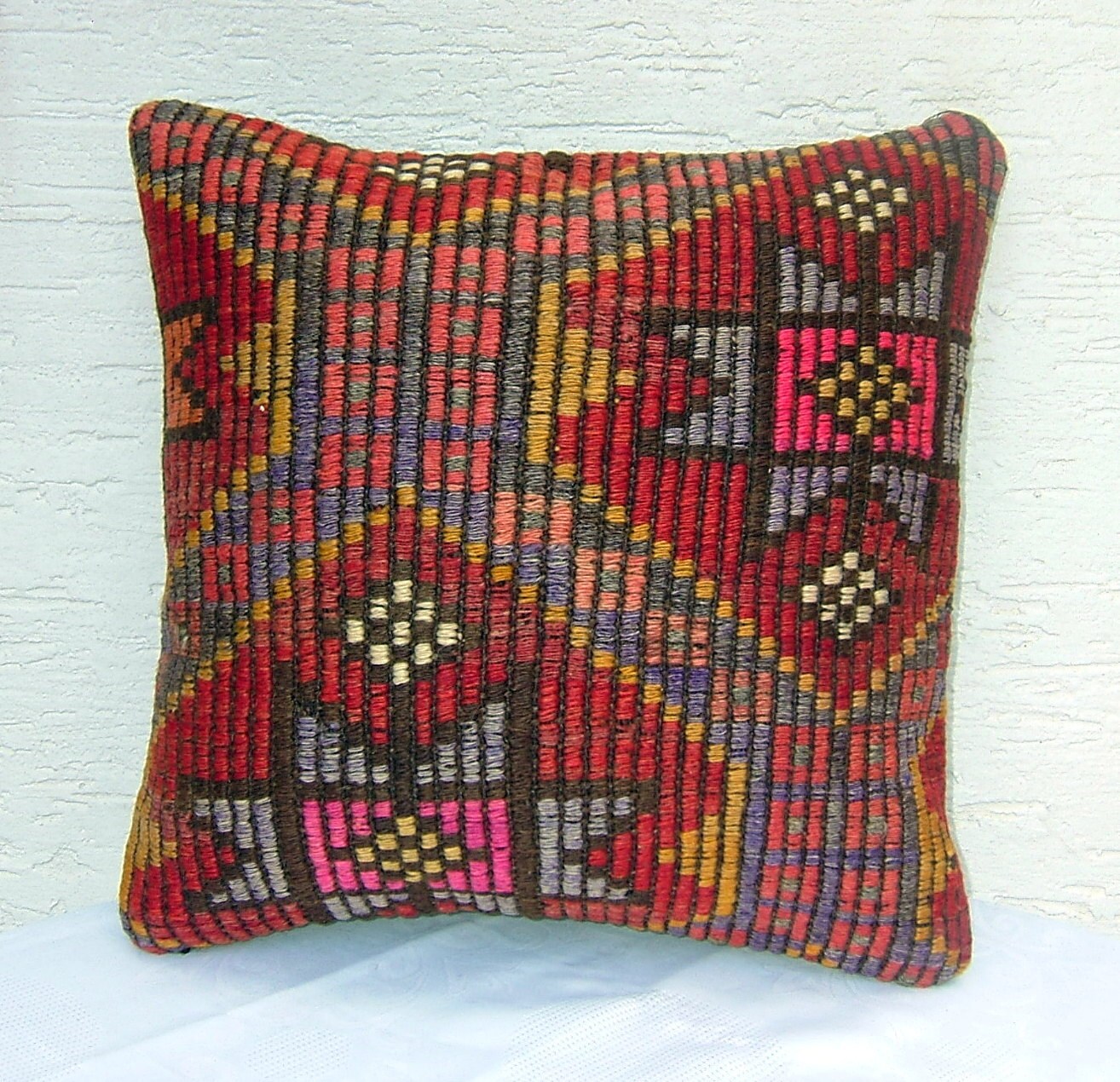 FREE SHIPPING/ModernBohemian Home Decor,Embroidered Handwoven Striped Vintage Tribal Turkish Kilim Pillow Cover,16'x16'