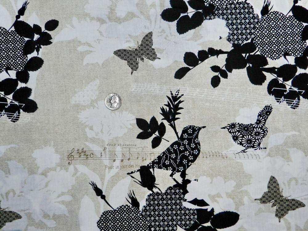Patterned Bird Song Birds and Butterflies  - Fabric By The Yard