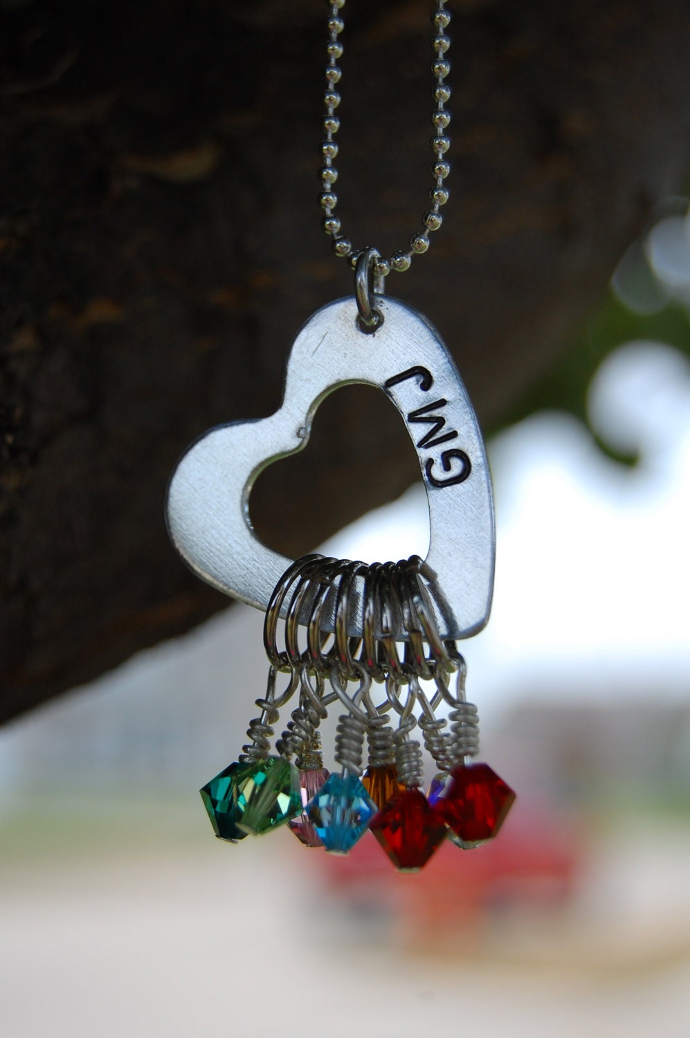 Heart & Birthstone Hanging Aluminum Hand Stamped Necklace - perfect for mom or grandma