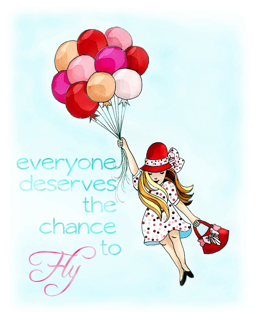 Childrens Decor, flying balloon girl,Nursery Art, Kids wall art, red pink aqua, 11x14, baby girl