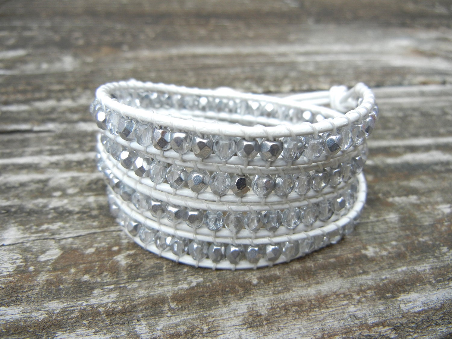 Spring Beaded Leather 4 Wrap Bracelet with Clear Crystal and Silver Tone Czech Glass Beads on White Leather
