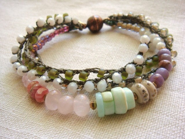 Pastel Bead Stranded Bracelet Pink Aqua Sage Moss Lilac White Beaded Crochet Boho Chic