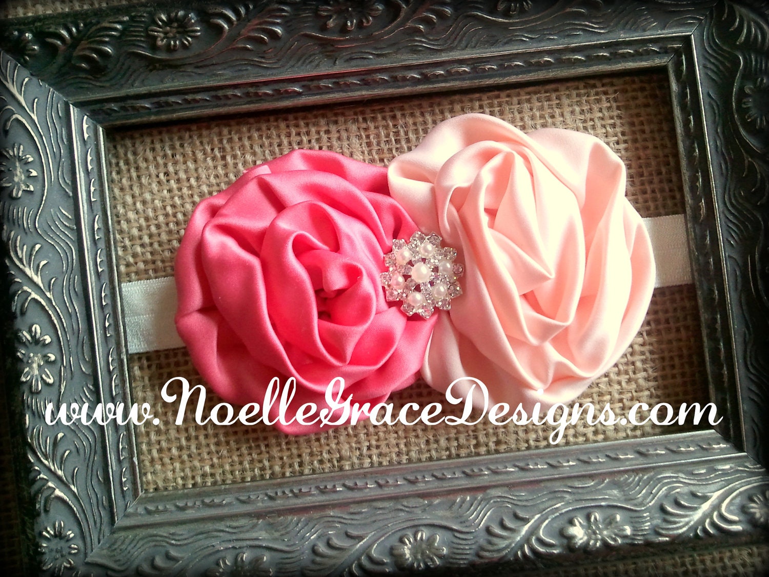 Salmon & Peach Satin Flower Headband on an Ivory Satin Band with Pearl and Rhinestone Bling GLAMOROUS