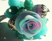 Trendy Teal Blue Summer Beaded Polymer Clay Ring with Natural Agate, Aquamarine and Fluorite Stones