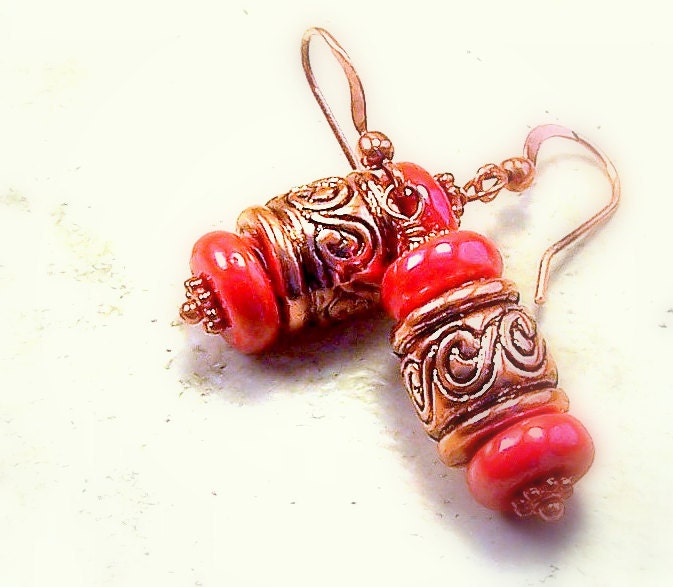 Jewelry earrings pierced coral textured copper metal barrel dangle earrings Bohemian Boho style summer fashion TAGT tenX