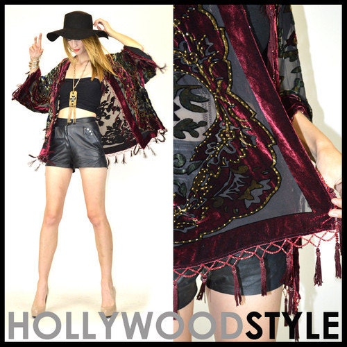 Vintage 70s silk gypsy velvet burnout draped kimono beaded fringe dress cape jacket