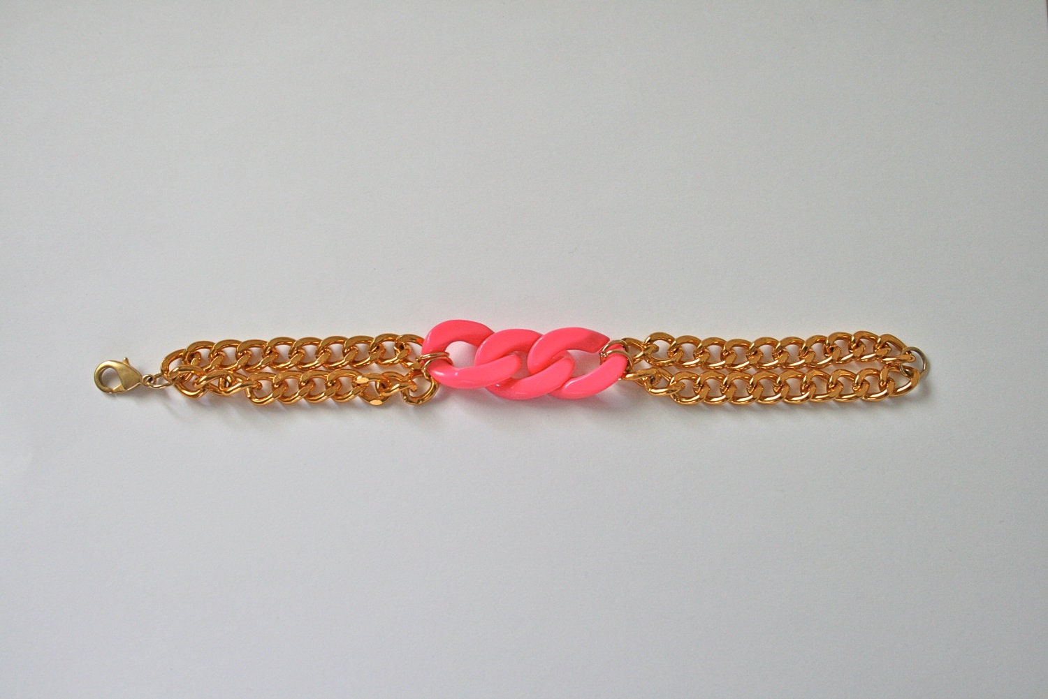 Watermelon Gold and Bright Pink chain bracelet- 7.5"