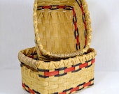 Two Handwoven Reed or Wicker Shelf Pantry or Desk Baskets with Red, Black, and Seagrass Accent
