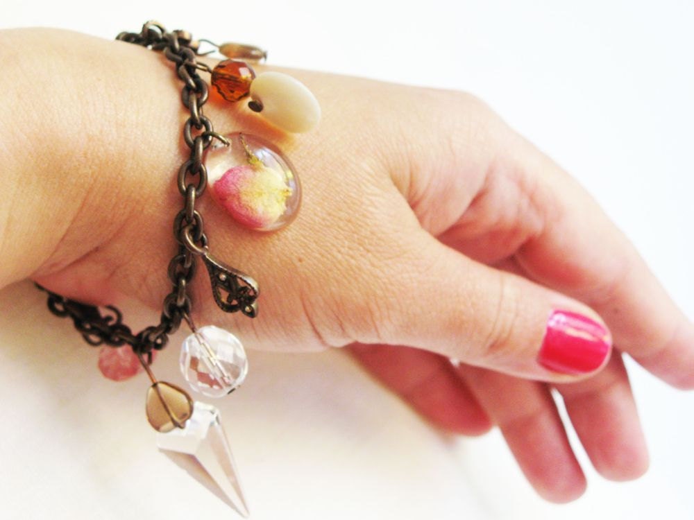 Vintage Charm Braclet with Czech Beads, Crystals, Rose Petal Resin Charm Romantic Delicate Copper Chain Rustic Jewelry Woodland Cottage Chic
