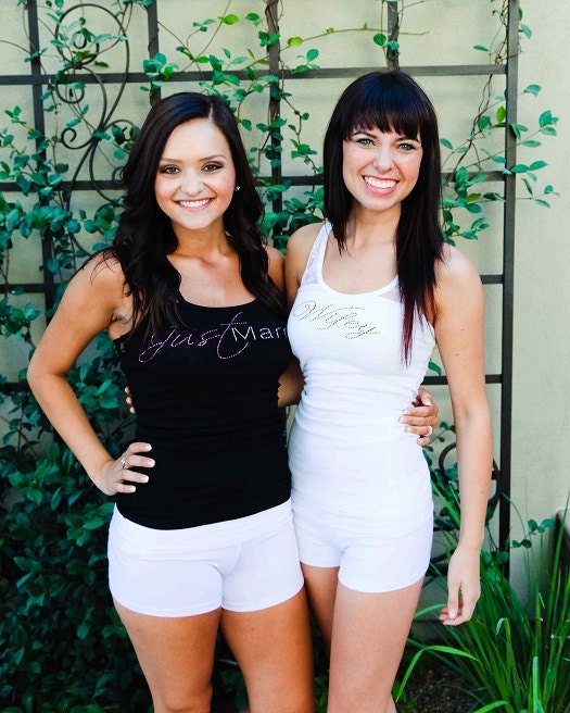 Just Married Tank Top Shirt - Half Lace Racerback - Just Married Pink and Clear Rhinestones. Bride Gift. Bridal Shower. Wedding. Honeymoon
