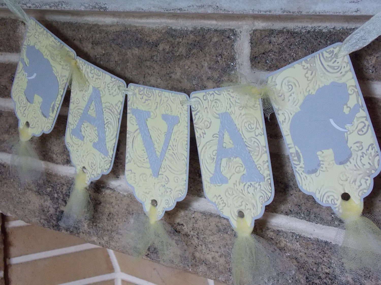 Custom Name Party Banner Yellow and Grey Elephant Themed