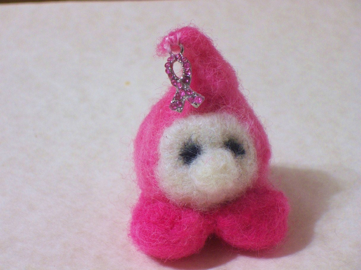 pink needle felted gnome breast cancer charm, handmade OOAK wool doll, soft toy,waldorf,pocket play people