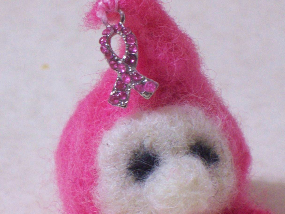 pink needle felted gnome breast cancer charm, handmade OOAK wool doll, soft toy,waldorf,pocket play people