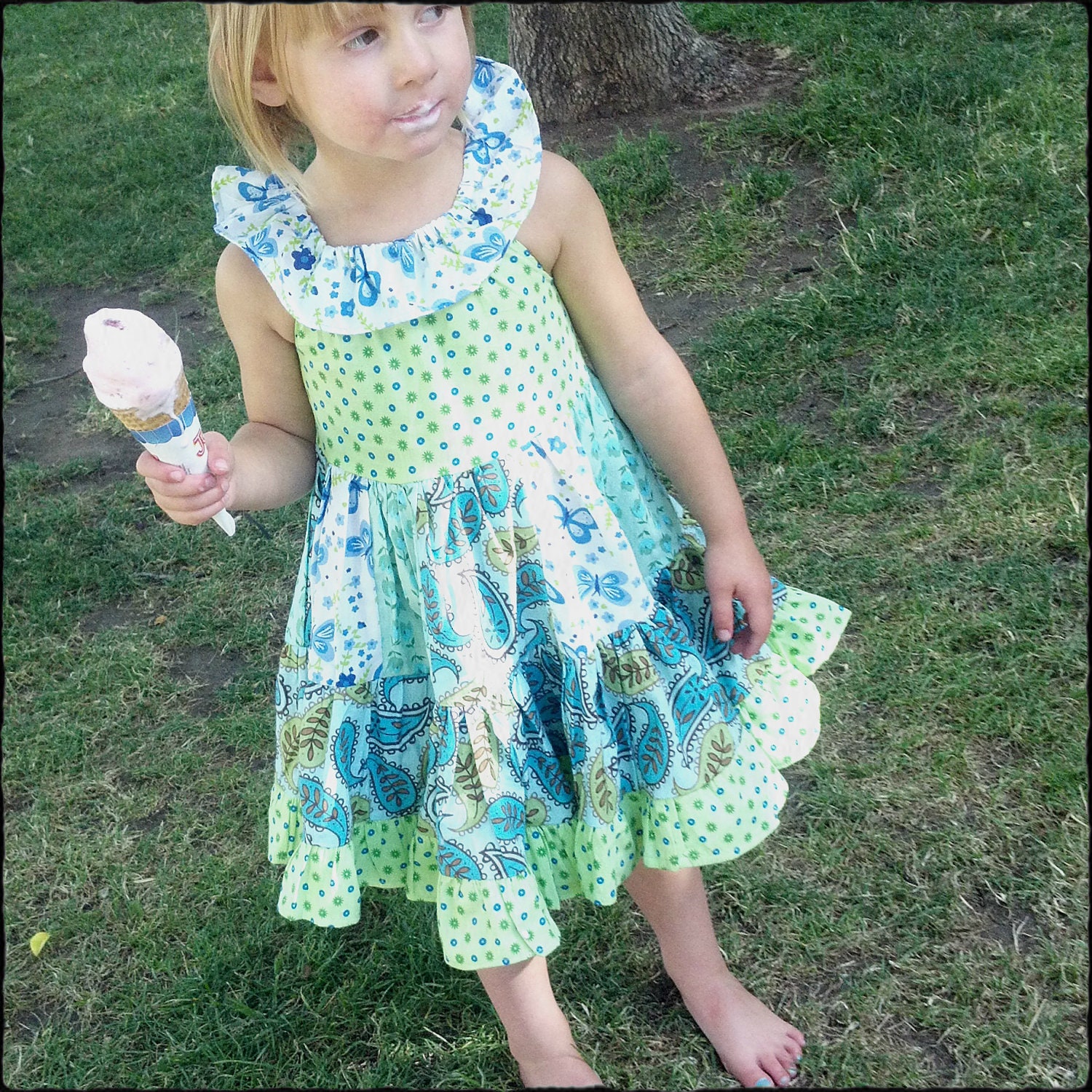 Summer Dress - Ruffle Neckline Patchwork Twirl - Sizes 12m, 18m, 2T, 3T