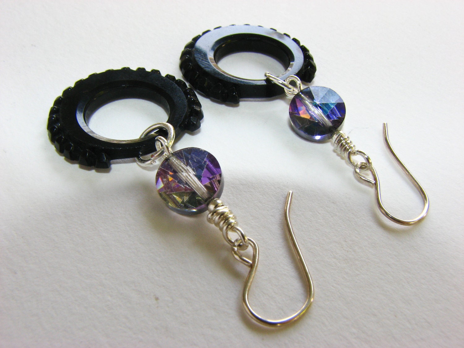 Vintage French Jet Black glass and Swarovski Crystal Earrings