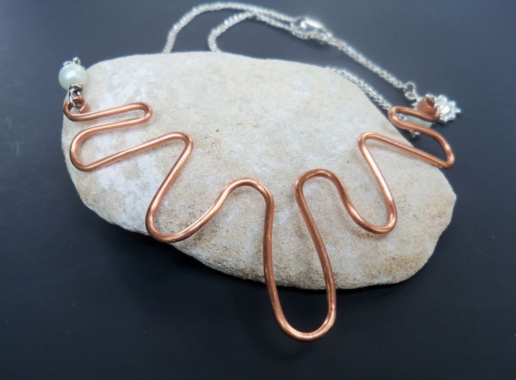 Copper wire, formed wire, copper,  necklace, shaped into a wave and with cultured pearl accent