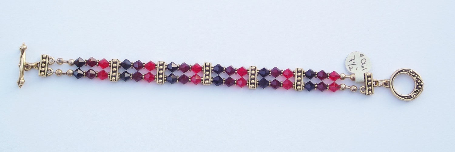 Handmade, Two Strand Bracelet, Swarovski Crystal, Shades of Reds, Garnet, 14K Gold Plated, Beaded, Ombre Look, Toggle Clasp,  7 1/2"long