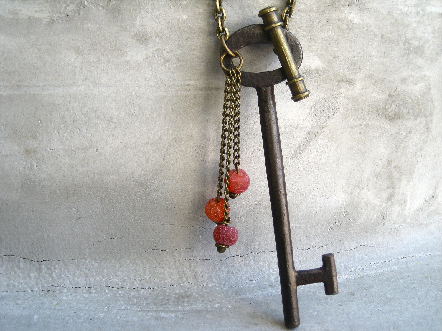 Antique Skeleton Key Necklace - Key Necklace - Steampunk - Toggle Clasp - OOAK - Hardware Jewelry - Red Beads - Piece Lust