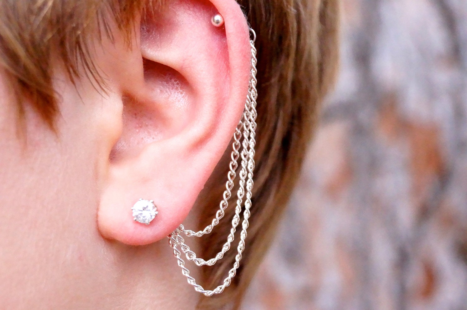 Triple Cartilage Chain on Earring Backs - Silver