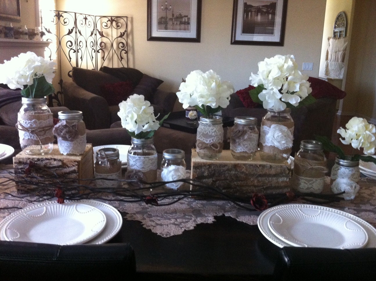Burlap and Lace Jars for Wedding Head Table or Centerpieces: Set of 10 Mason Jars. Rustic Wedding Decor. Woodsy Rustic Wedding