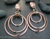 Copper garnet earrings,  three large hanging hoops, handmade hammered round circles,  sterling silver ear hook