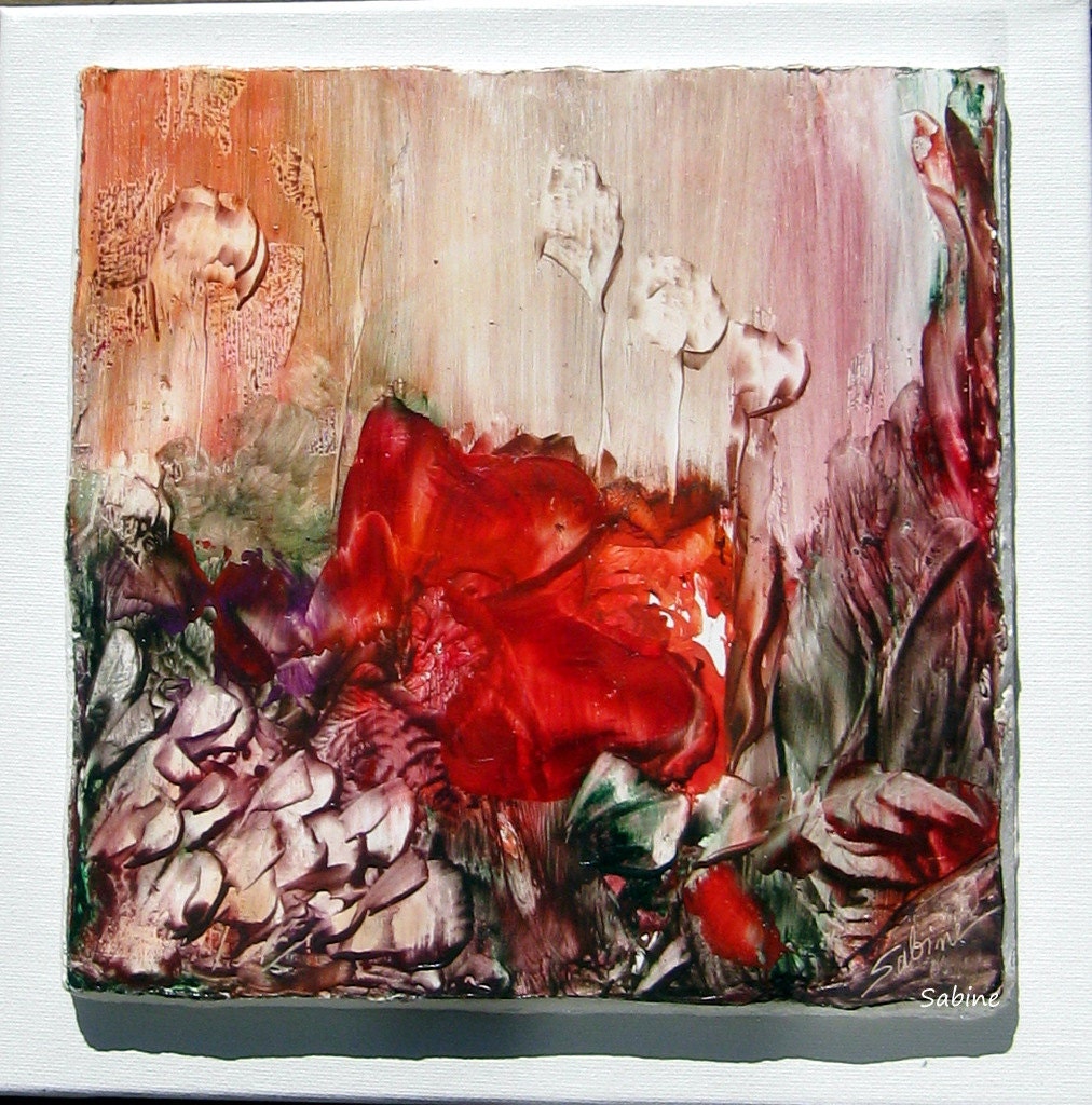 ENCAUSTIC Semi Abstract Floral 10"x10" ORIGINAL "Red Poppy STUDIOSABINE