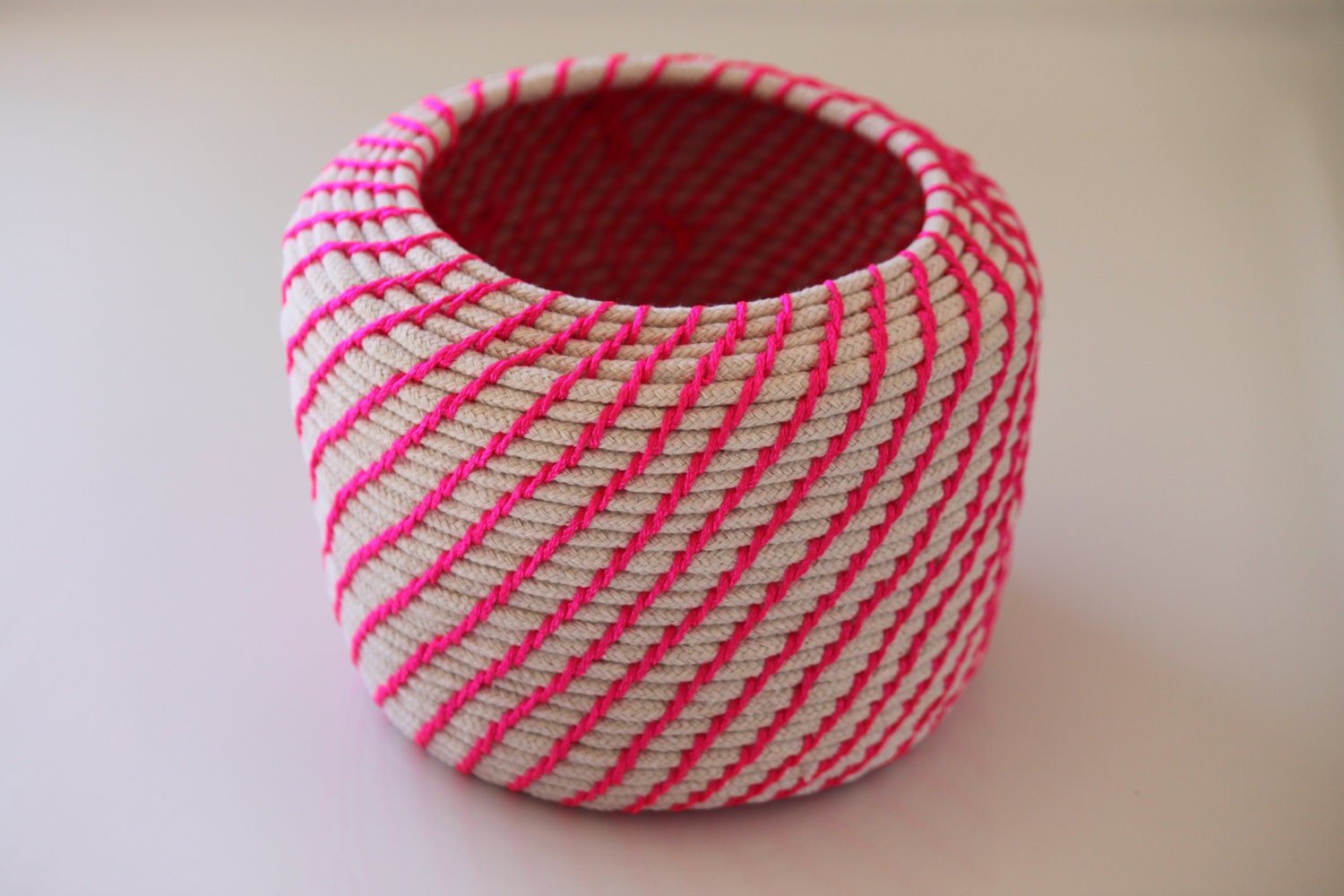 Upcycled Natural & Neon Rope Basket: Pink / Coiled / Large
