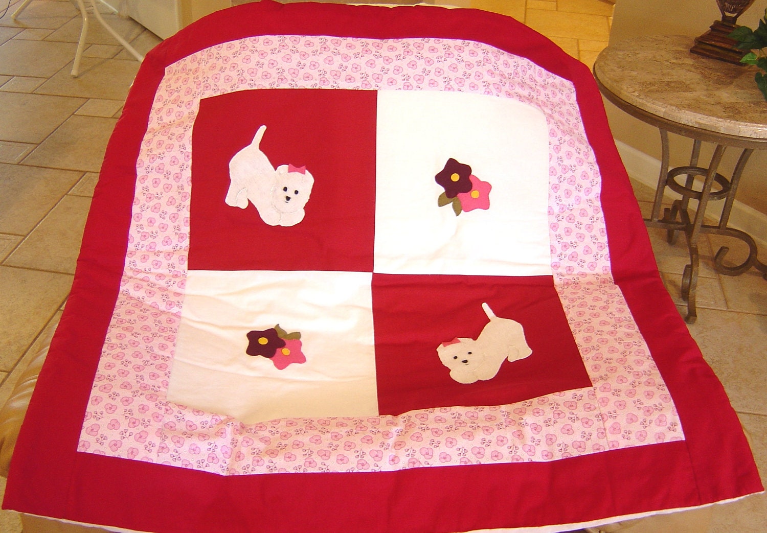 New Handmade Baby Girl Toddler Quilt / Blanket / Throw w/ WESTIE PUPPIES APPLIQUE. 38x38in.