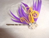 unique feather hair clip FREE SHIPPING purple and yellow  feathers with sparkling rhinestone and pearl accent "lsu". lsu hair accessories