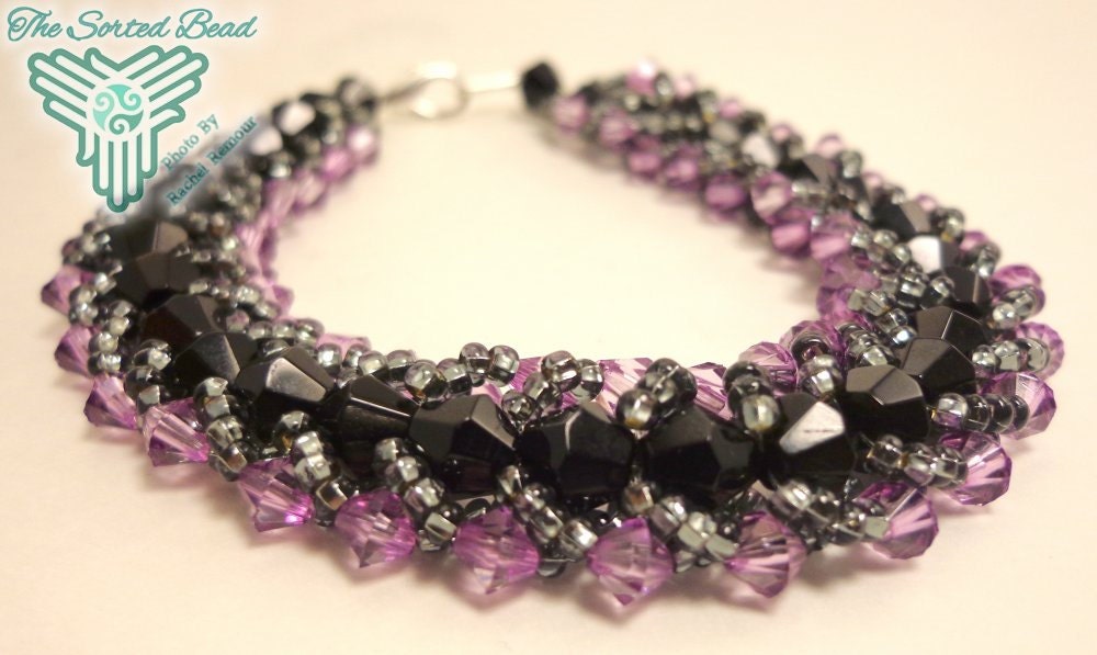 Beaded Flat Spiral Bracelet, Black, Purple and Dark Silver