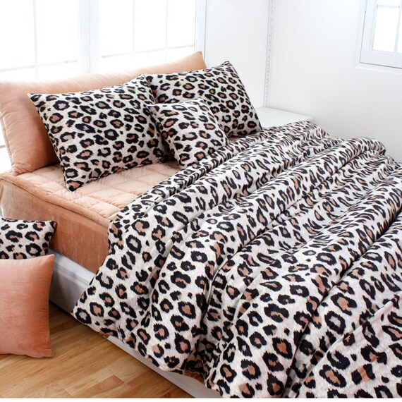 Beige Brown Leopard Microfiber Queen Duvet Cover Set by BHDecor