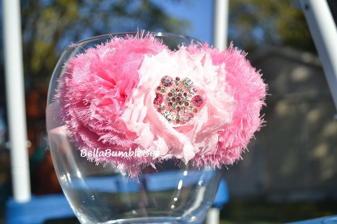 Pink Baby Girl Headband Shabby Chic Puff Flower Headbands, Baby Bows, Fits Newborn, Infant or Toddler, Vintage Style, Pink Rhinestone Center