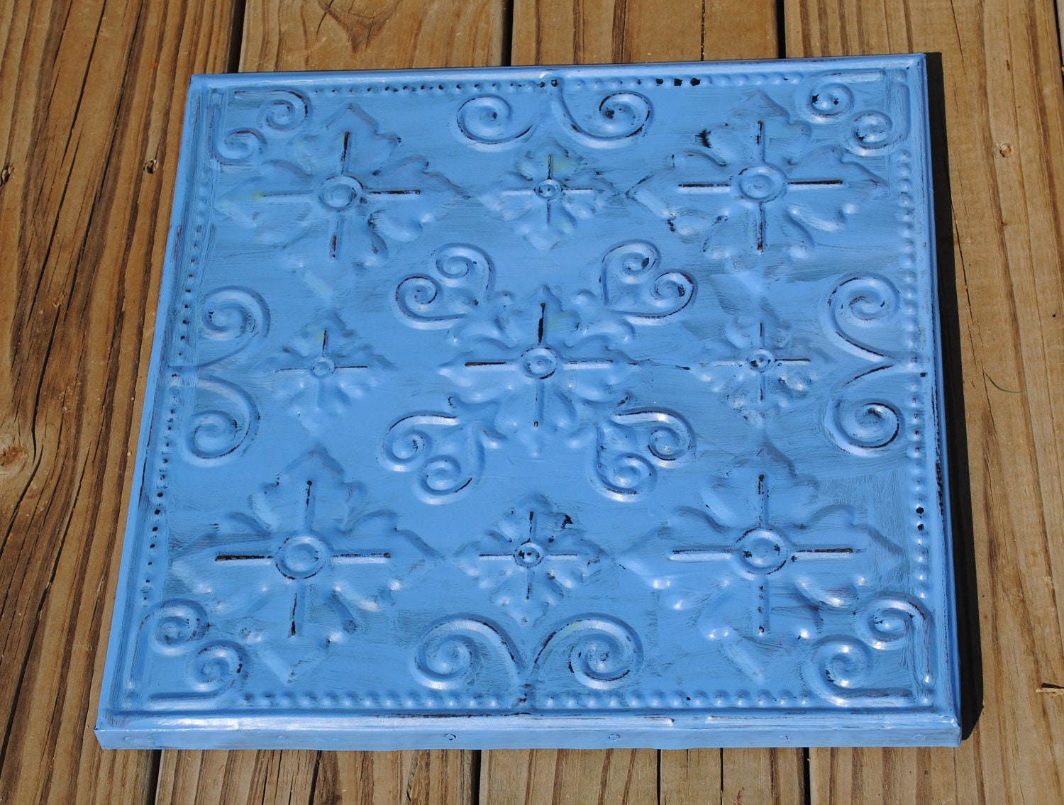 Metal Wall Decor/ Turquoise Blue / Distressed / Shabby Chic Art/ Painted / Wall Decor/ Patio / Flower Design/ Outdoor Patio Decor