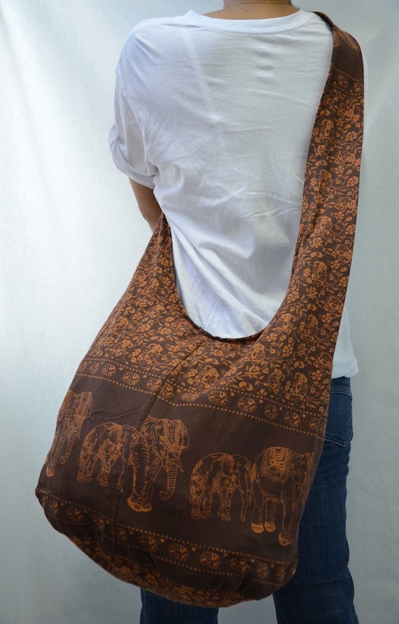 Dark Brown Cotton Printed Elephant Crossbody Shoulder Hippie Boho Hobo Messenger Bag E121