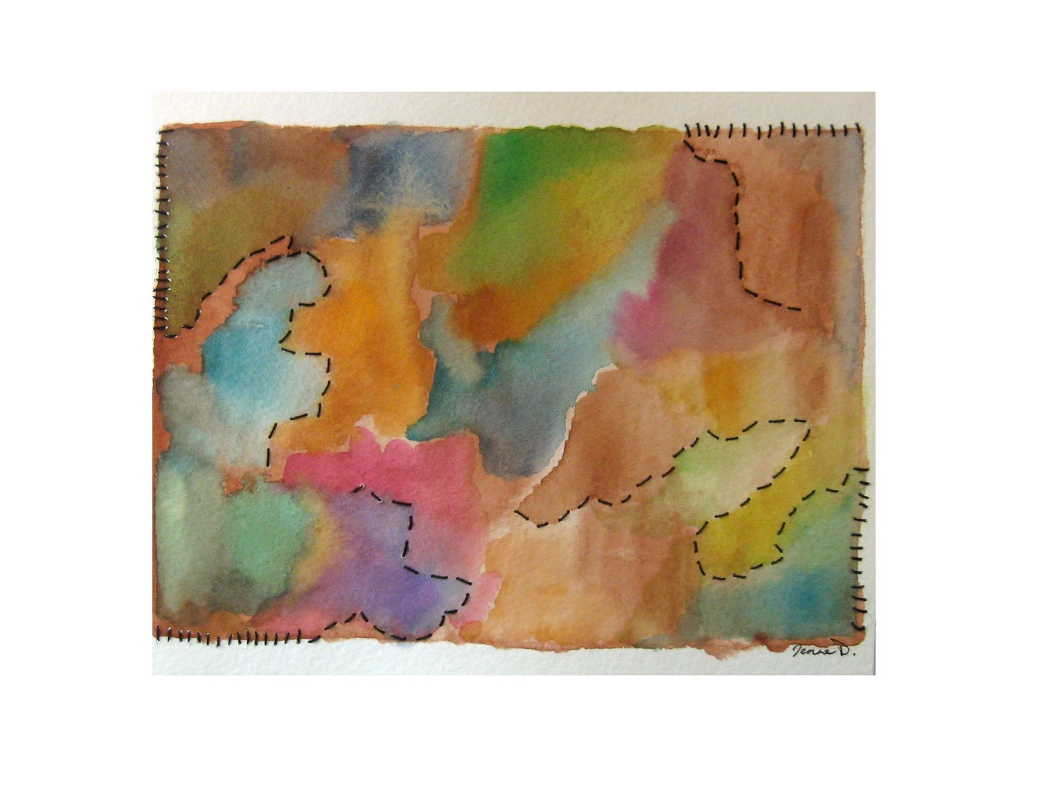 Original Fine Art Mixed Media Painting Watercolor and Fiber Art / Embroidery on Paper Abstract Contemporary Rainbow Colors Blue Green Brown