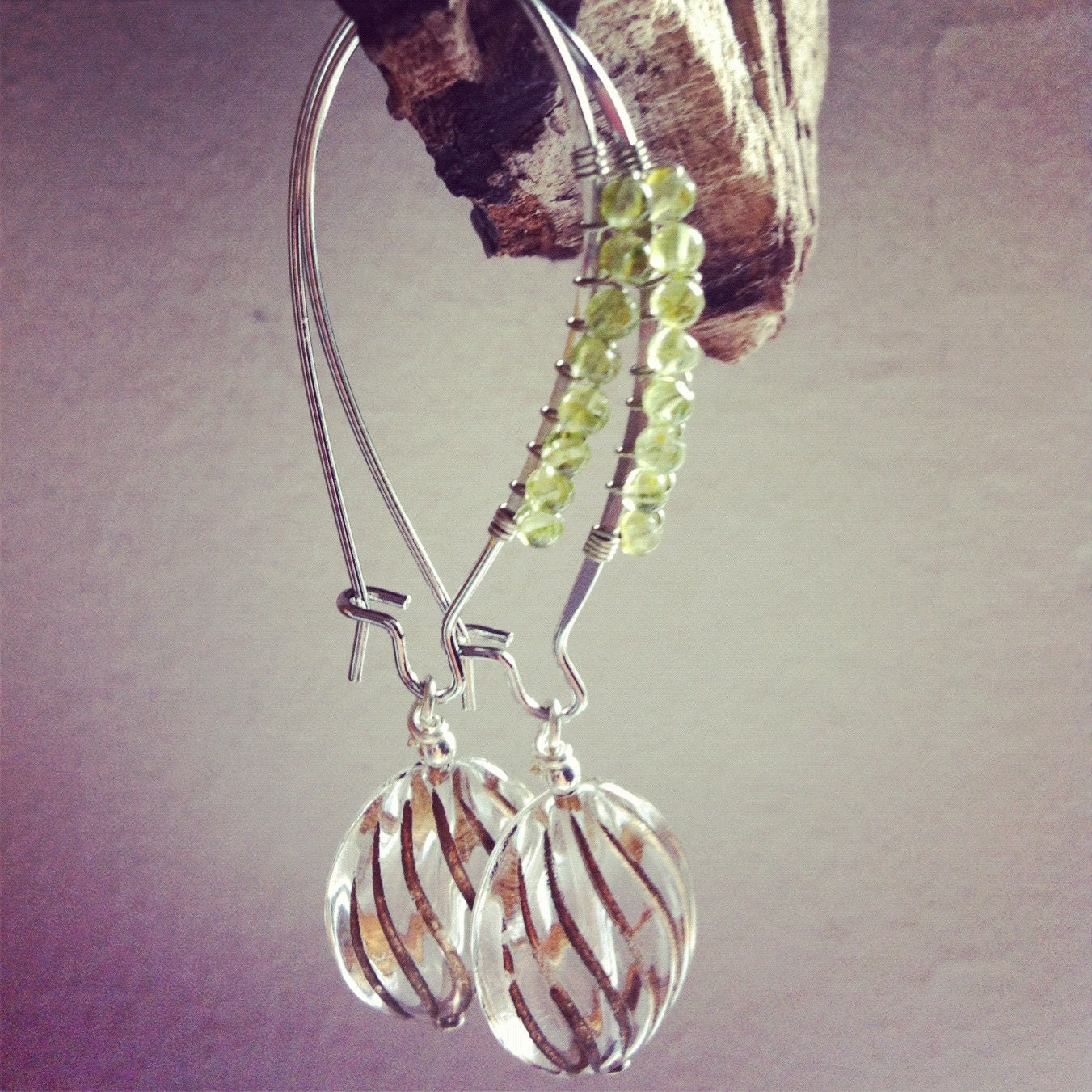 wire wrapped with peridot with gold/clear vintage lucite bead
