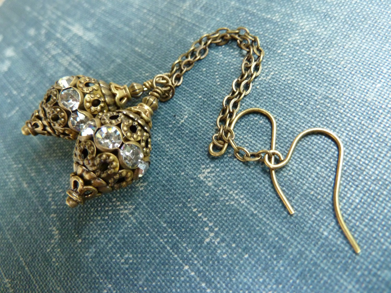 Vintage Inspired Antiqued Brass Filigree Ball Earrings with Rhinestones on Chain, Dangle Earrings, Vintage Inspired, Lightweight