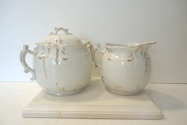 Vintage Creamer and Sugar, White and Gold Decor, Cottage Chic Wedding