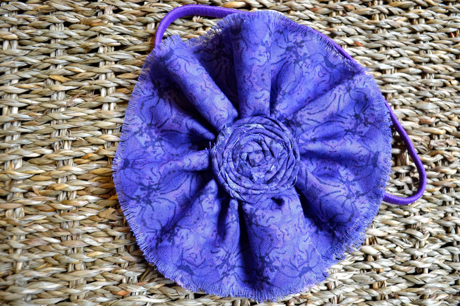 Frayed Purple Fabric Ruffle with Rosette Center - Headband