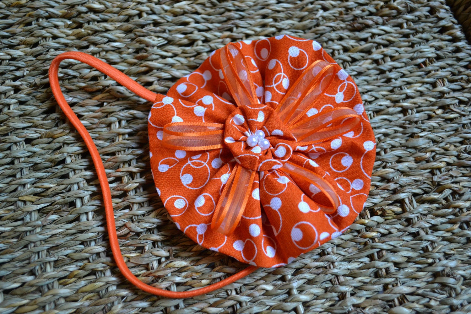 Orange and White Dotted Fabric Ruffle / Ribbon Combo - Alligator Clip and Headband