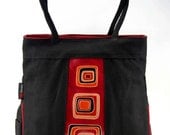 Large Black Tote Bag Canvas with Genuine Leather Red Brown Orange Colorful Square Motifs Artsy Unique Chic for Urban or Travel
