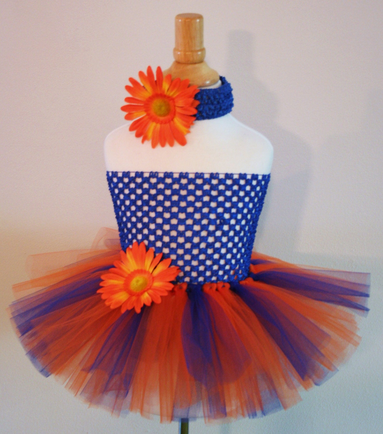 Sports colors tutu dress skirt Orange blue navy Flower Headband 2T 3T 4T 5T 6 Pick Size