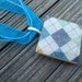 Wood Tile Necklace with Shades of Blue and White Argyle