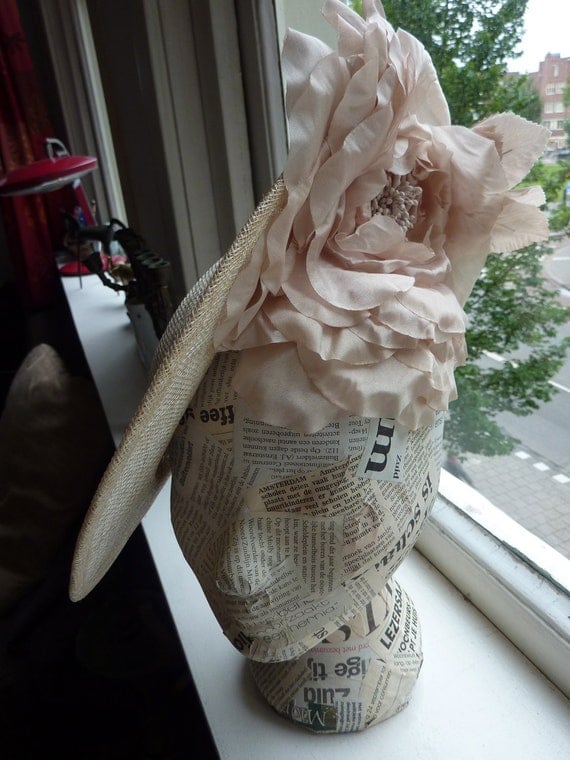 Handmade beige broad-brimmed hat with cream silk flower