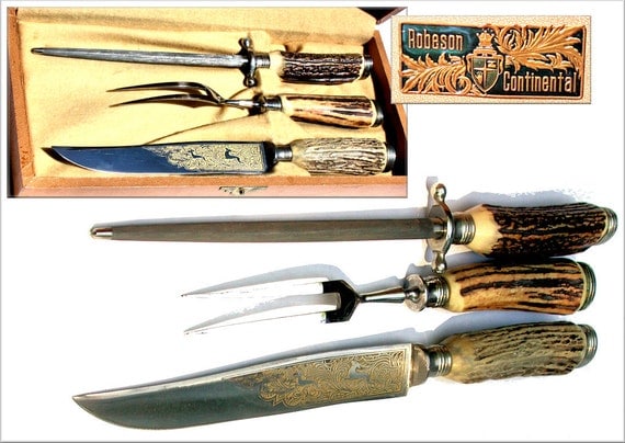 Vintage Robeson Solingen Stag Horn Carving set w/ by Andrestavern