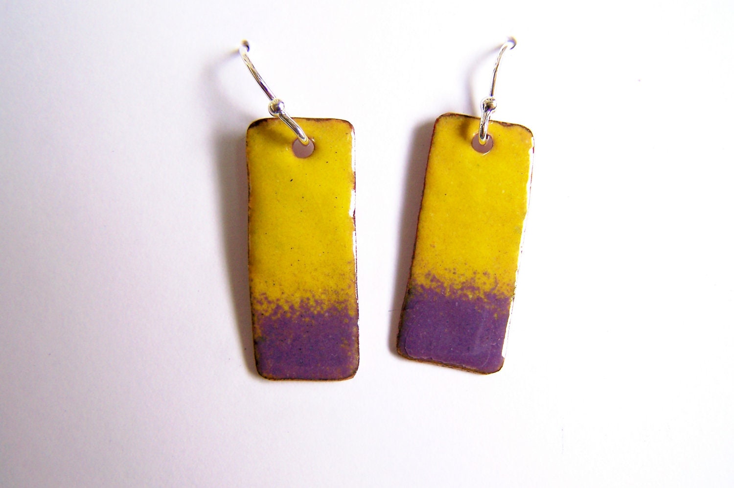 Copper Enamel Dangle Earrings Yellow and Purple