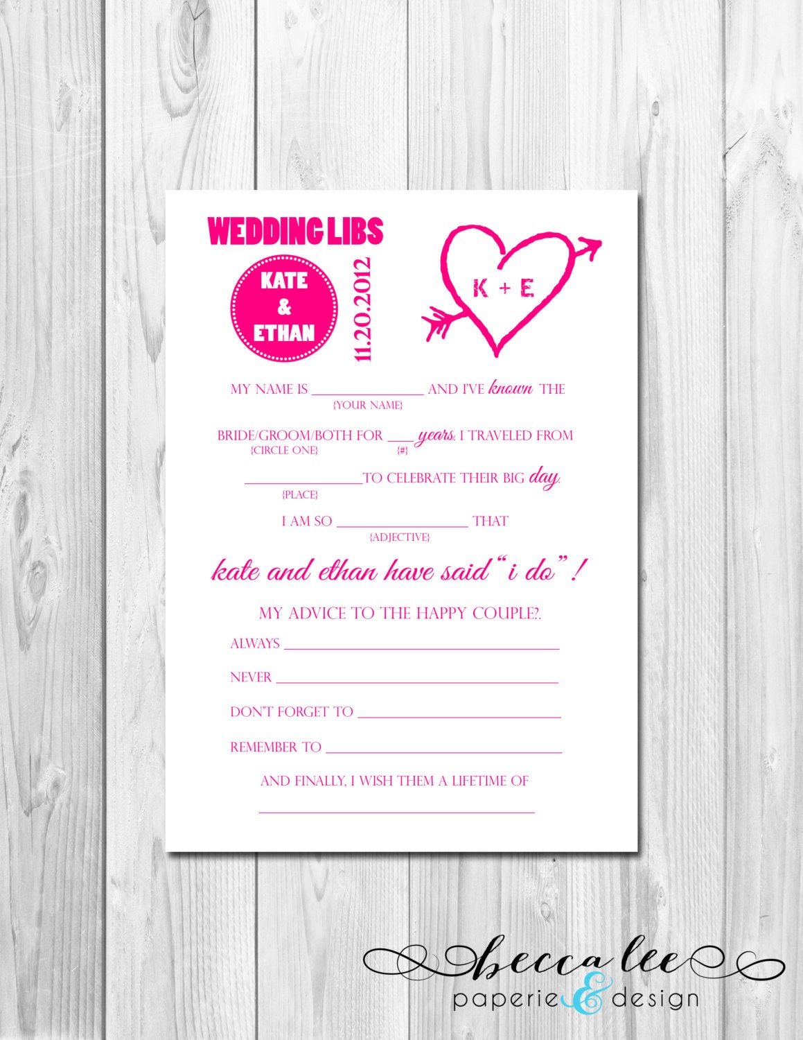 Wedding Advice Mad Lib - Heart and Arrow - Customizable - Printable Il_570xn