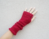 Knitted mittens in red, warm, knitted, crochet