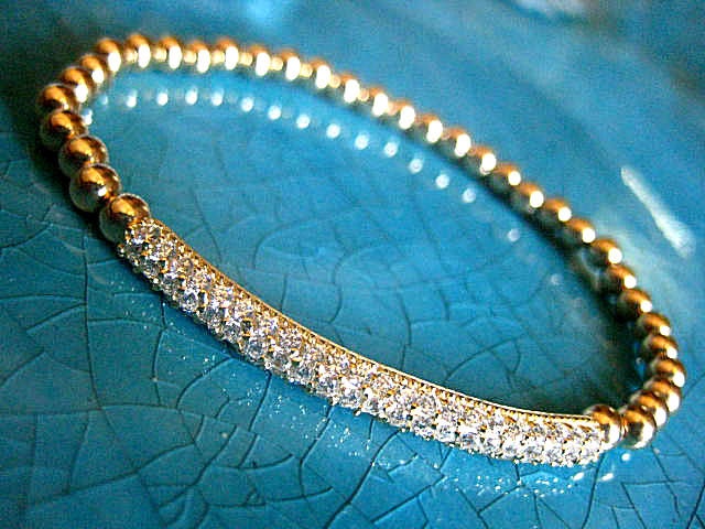 Celebrity Inspired 14K Gold Filled Beaded CZ Pave Bar Stretch Bracelet