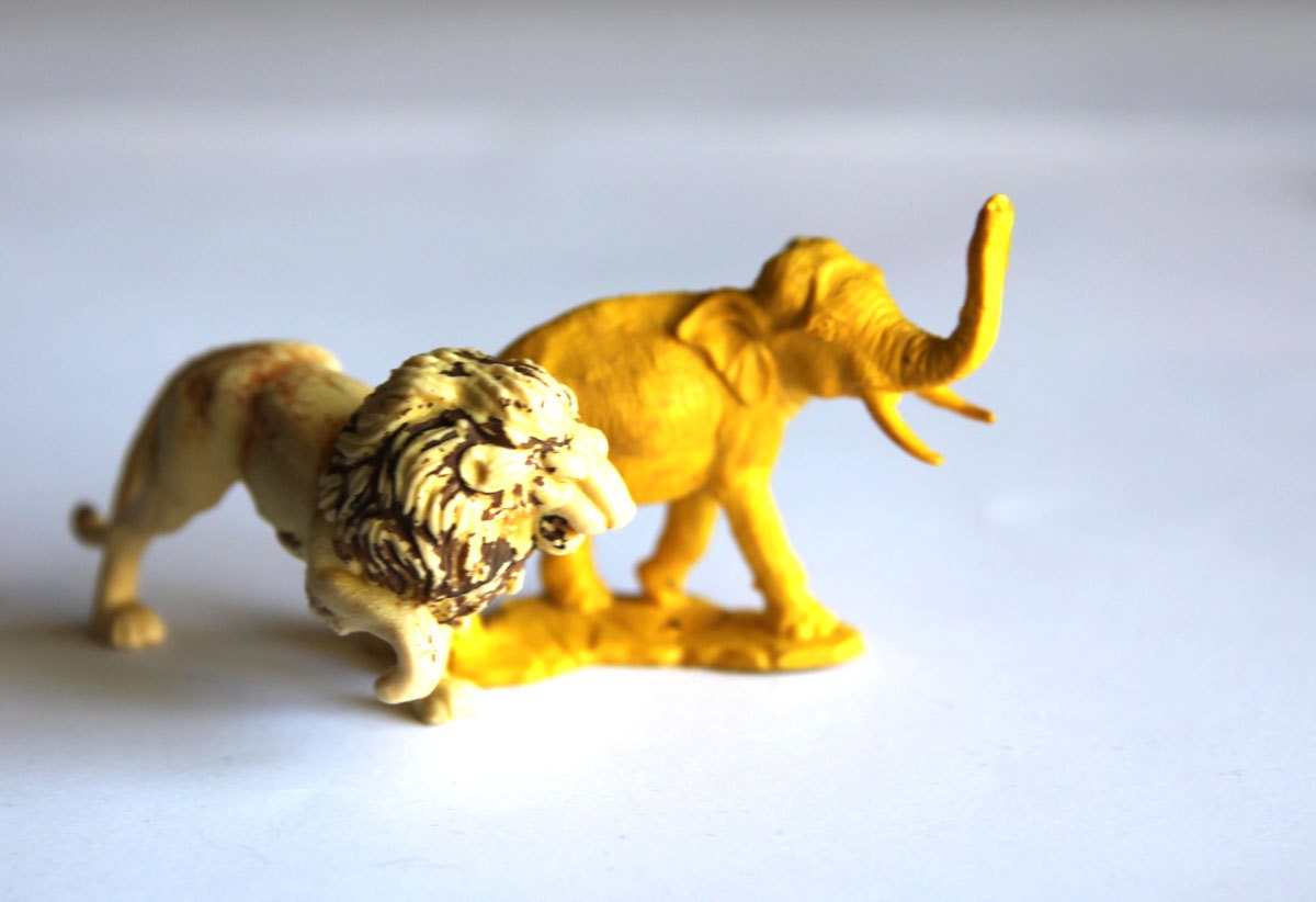 Vintage Plastic Lion and Elephant Yellow Nursery Decor